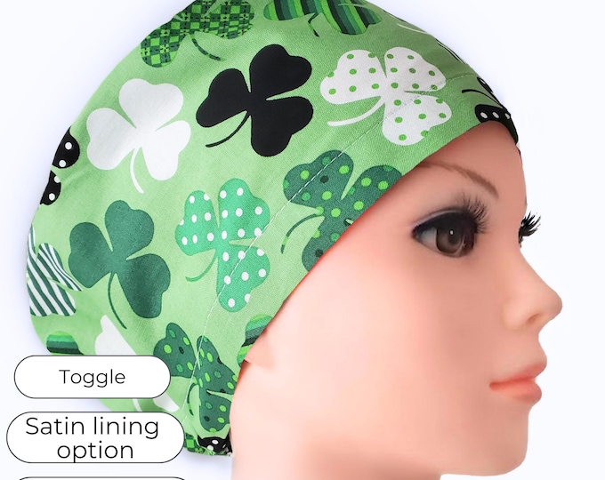 St Patrick's Day Euro Style Scrub Cap, Green Clover: Adjustable, Satin Lining Option, Personalizable