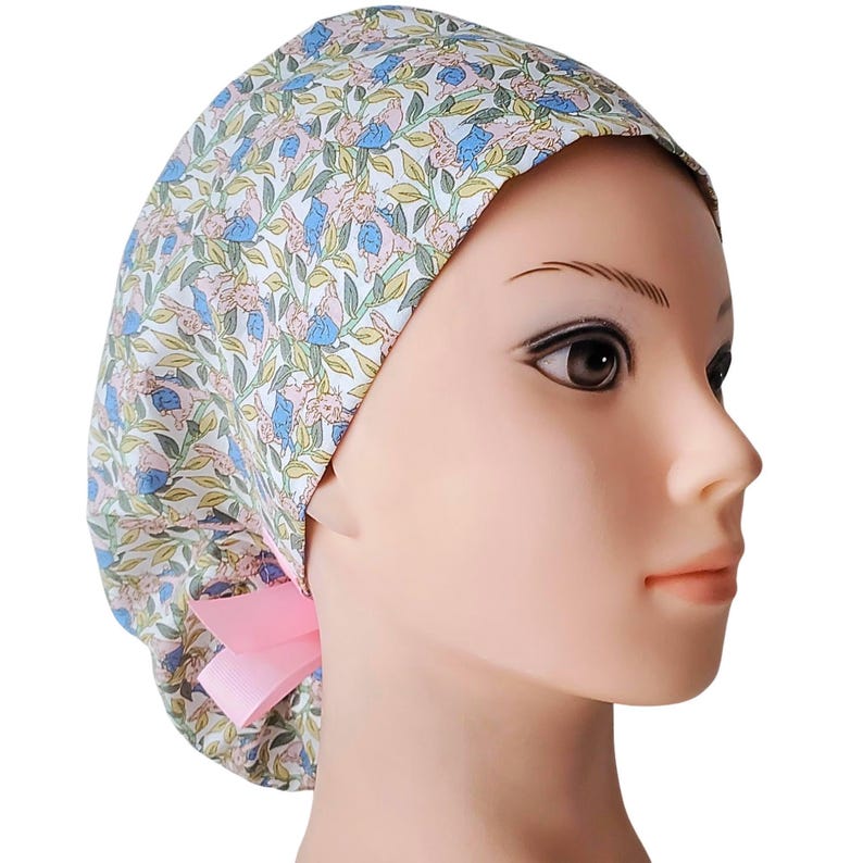 Floral Bunny in Blue Jacket Ponytail Scrub Cap: Satin Lined Cotton Surgical Hat image 3