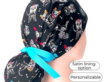 Day of the Dead - Scrub Caps Ponytail style with Satin Lining option -