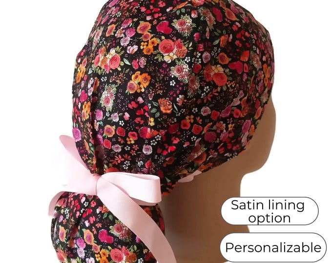 Flower Ponytail Scrub Cap for Women - Floral Surgical Satin Lined Scrub Cap option - FifthCraftyStreet