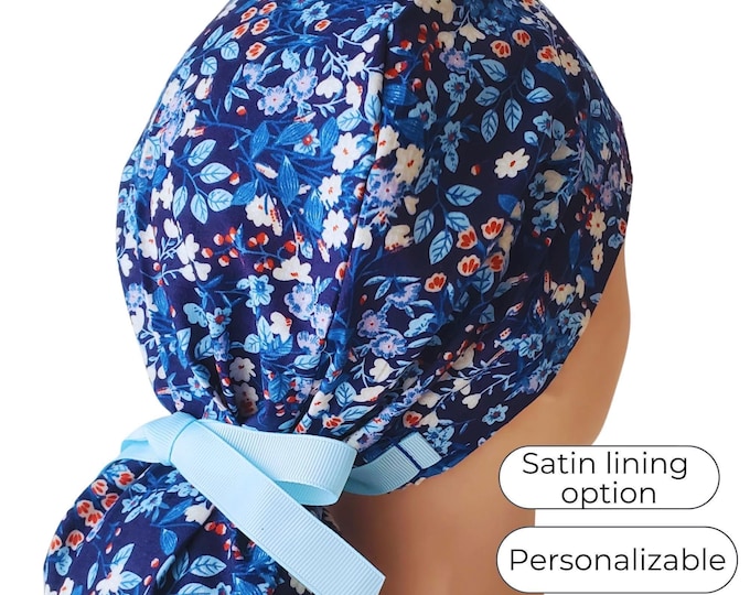 Floral Navy Blue  Ponytail Scrub Cap for Women Satin Lined option Surgical Hat