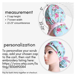 The image is a collage of two photos showing a mannequin head wearing a blue floral cap and a personalized cap. The caption provides information about the cap, including its measurements and the option to personalize it.