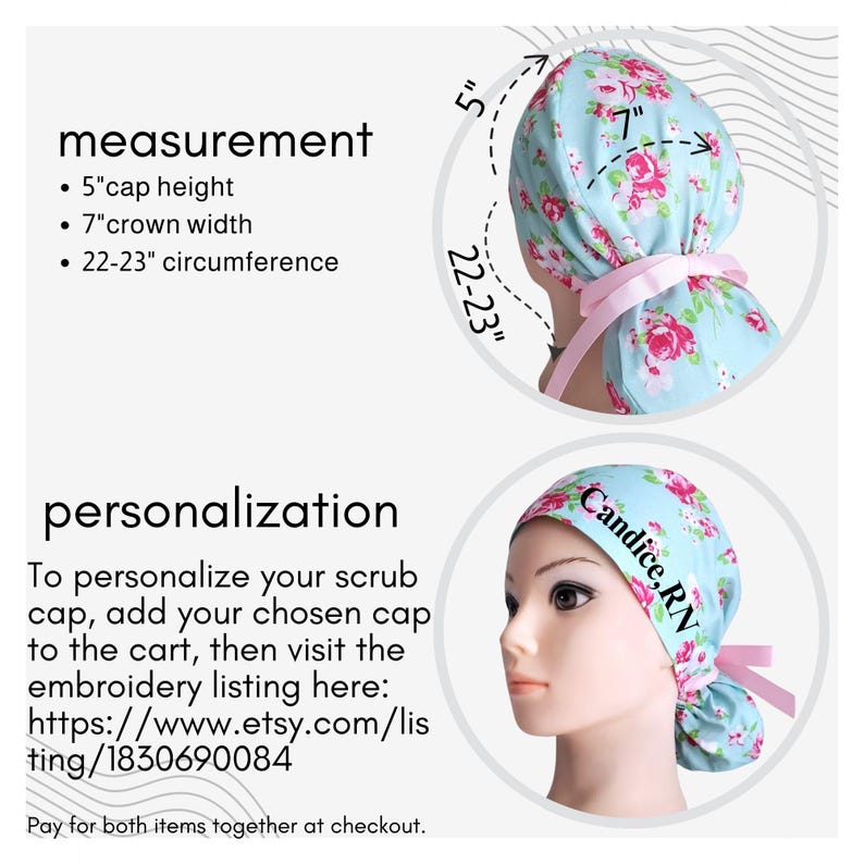 The image is a collage of two photos showing a mannequin head wearing a blue floral cap and a personalized cap. The caption provides information about the cap, including its measurements and the option to personalize it.