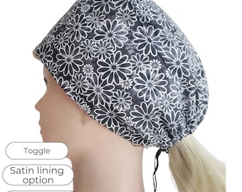 Black White Tie Back Scrub Cap - Adjustable: Satin Lining option, Buttons, Personalizable