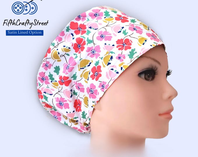 Floral Euro Scrub Cap: Lightweight Cotton, Satin Lined, Adjustable