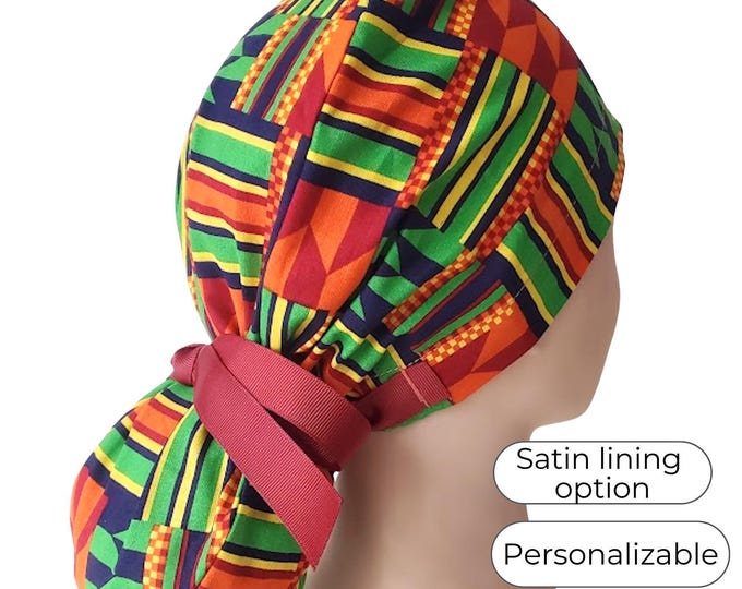 Ponytail scrub cap - Surgical Caps - geometric pattern - Satin Lined Option