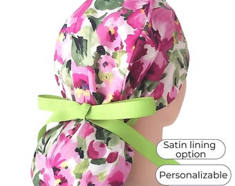 Floral Scrub Cap Ponytail Style with Satin Lining and Personalization