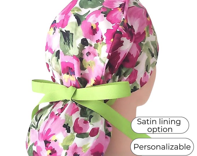 Floral Scrub Cap Ponytail Style with Satin Lining and Personalization