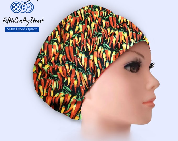 Chilli Pepper - Euro Scrub Cap for Women - Adjustable - Satin Lined Scrub Cap - FifthCraftyStreet