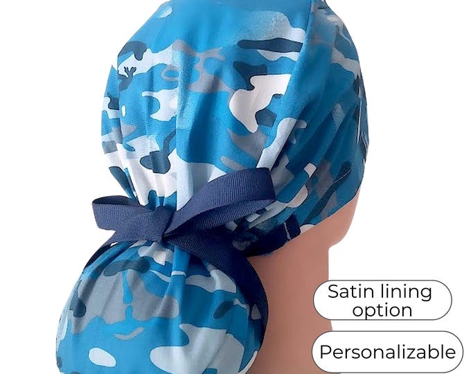 Ponytail Scrub Cap for Women - Surgical Cap with Silky Satin Lining Option - Blue Camouflage - FifthCraftyStreet