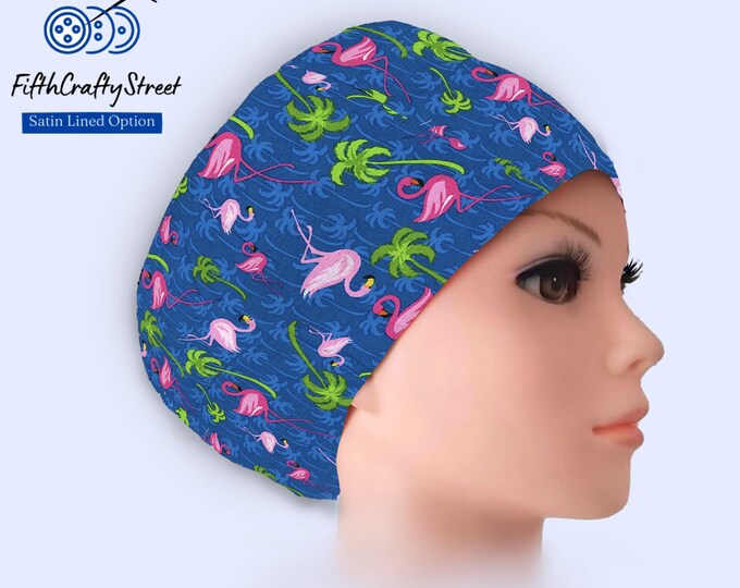 Flamingo Scrub Cap: Satin-Lined Cotton Euro Style