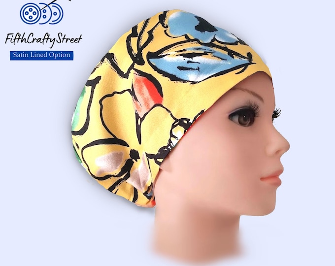 Yellow Floral Euro Scrub Cap: Satin Lined Cotton Surgical Hat