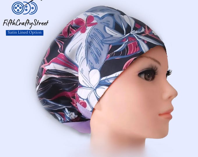 Euro Scrub Cap for Women  - Adjustable - Satin Lined Scrub Cap - Floral purple - FifthCraftyStreet