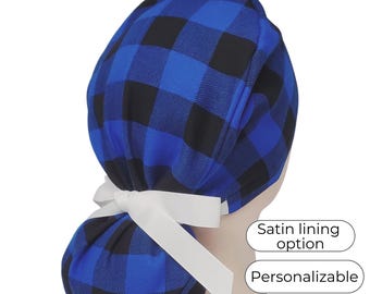 Christmas ponytail scrub cap in blue and black buffalo plaid flannel, satin lined option