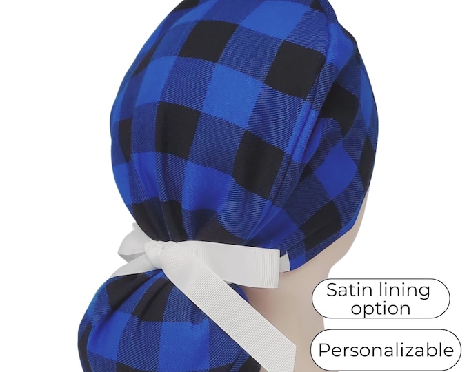 Christmas ponytail scrub cap in blue and black buffalo plaid flannel, satin lined option