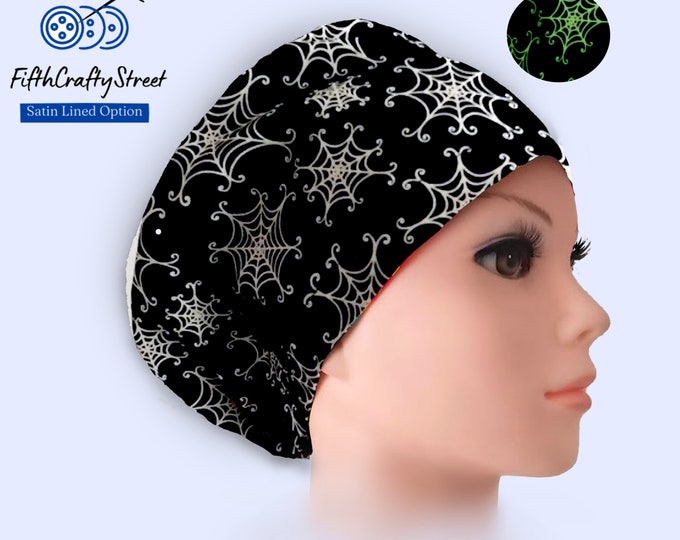 Euro Scrub Cap - Glow Spider Web - Adjustable - Satin Lined Scrub Cap - FifthCraftyStreet