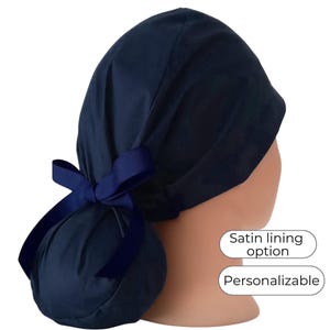 Ponytail Scrub Cap: Solid Navy , Satin Lining , Buttons, personalization options
