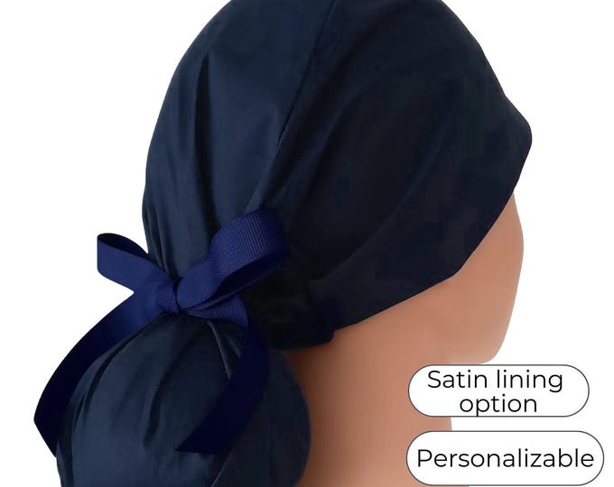 Navy Ponytail Scrub Cap for Women - Surgical Cap with Satin Lined Option -