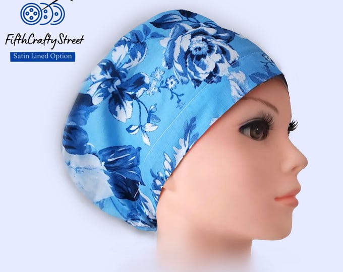 Euro Scrub Caps - Floral Blue - Adjustable - Satin Lining option - FifthCraftyStreet