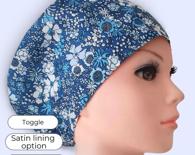 Blue Floral Euro Scrub Cap Satin Lined Surgical Hat for Women Adjustable