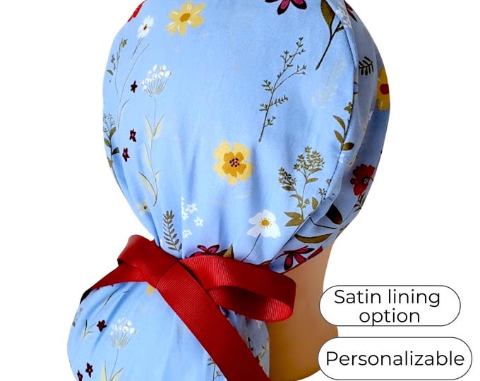 Ponytail Scrub Cap - Surgical Cap - Floral - Lightweight Cotton - Silky Satin Lined Option - FifthCraftyStreet