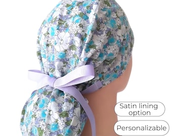 Floral Scrub Caps Ponytail style for Women with Satin Lining option -