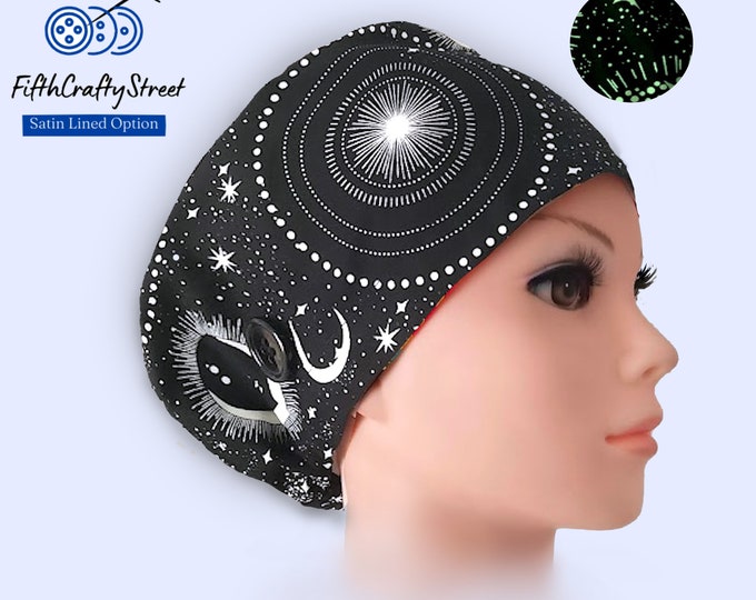 Glow in the Dark - Glow Moon - Euro Scrub Cap for Women - Adjustable - Satin Lined Scrub Cap - FifthCraftyStreet