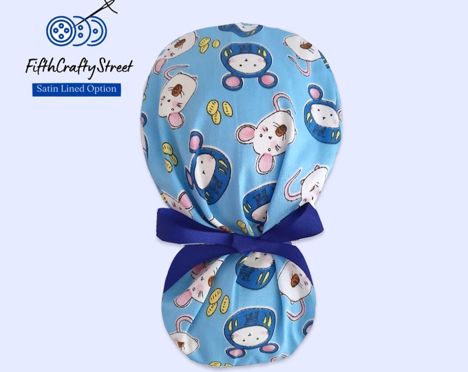 Ponytail Scrub Cap - Satin Lined Option - Mise print