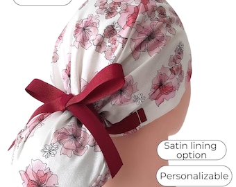 Burgundy Floral Surgical Cap - Ponytail Scrub Cap for Women Satin Lined Option - FifthCraftyStreet