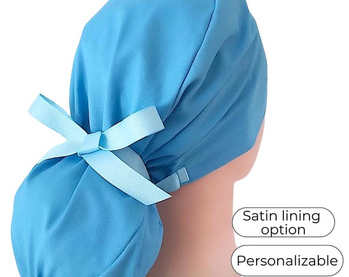 Solid Blue Ponytail Scrub Hat for Women - Surgical Cap with Satin Lined Option