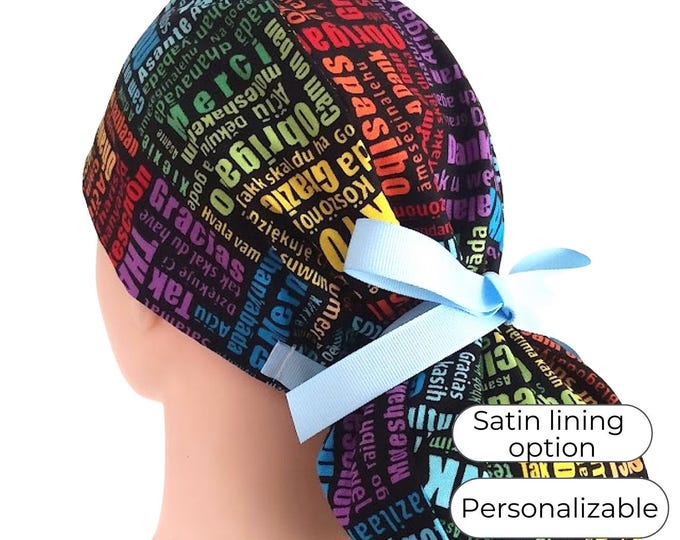 Thank you - Ponytail Scrub Cap for Women  Satin Lining Option