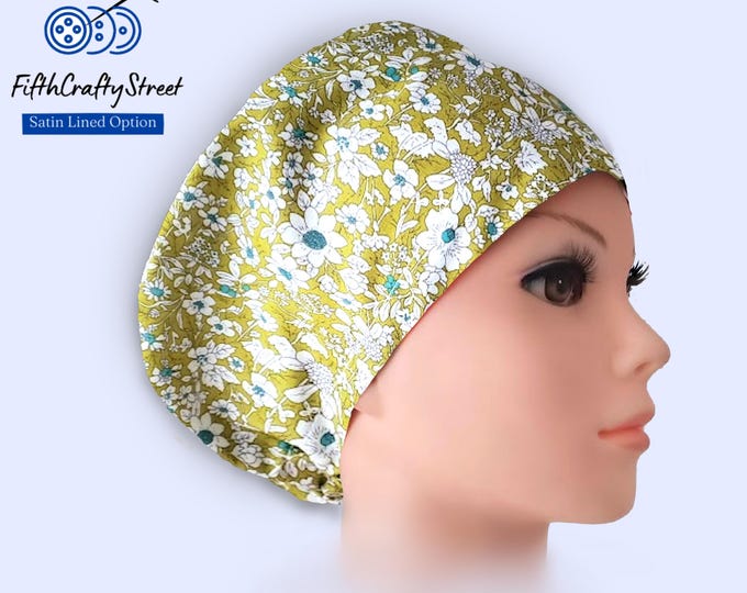Euro Style Scrub Cap - Liberty print cotton - Sage Green - FifthCraftyStreet