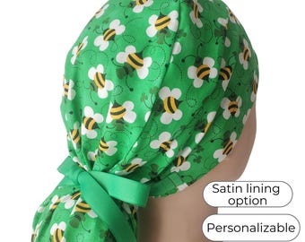 Green Bee Ponytail Scrub Cap: Satin Lined Surgical Hat with  Personalization Options