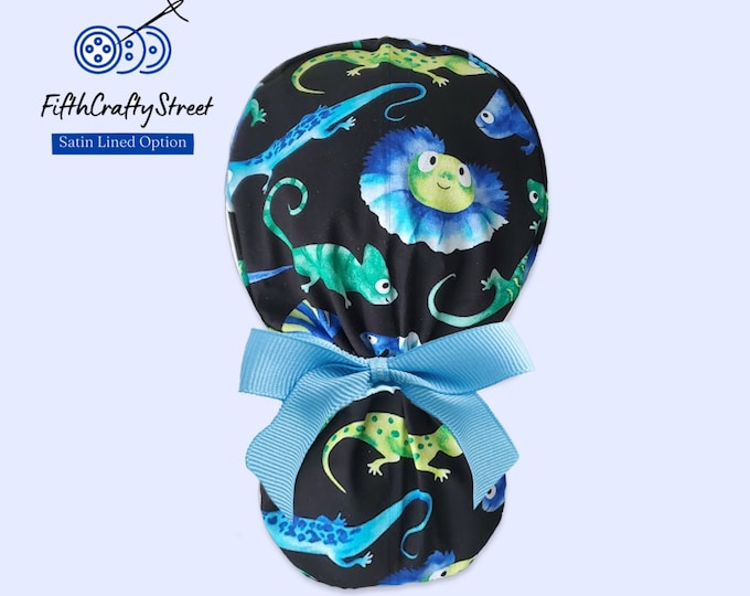 Ponytail Scrub Cap for Women - Surgical Cap with Silky Satin Lining Option - Lizards - FifthCraftyStreet