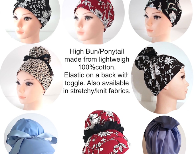 Scrub Caps High Bun, Ponytail scrub cap, cotton, Satin Lined option