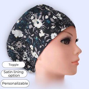 Black Floral Euro Scrub Cap Satin Lined Surgical Hat for Women