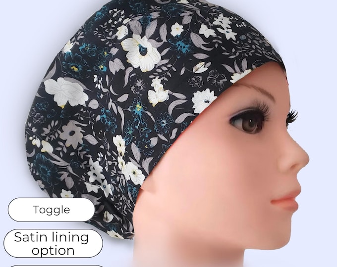Black Floral Euro Scrub Cap Satin Lined Surgical Hat for Women