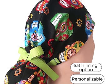 Ponytail Scrub Cap - Day of the Dead - Satin Lined - Personalization option -