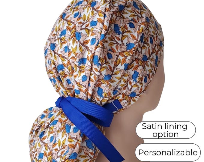 Ponytail Scrub Cap for Women - bunny in blue jacket - Surgical Cap with Silky Satin Lining Option -FifthCraftyStreet