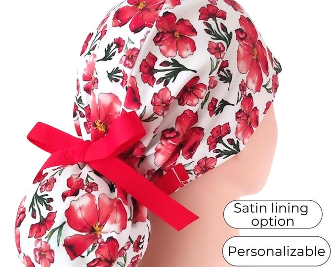 Surgical Cap Ponytail Style with Satin Lining and Personalization: Red Floral on White