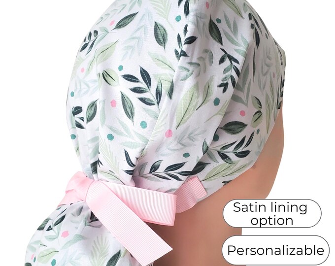 Ponytail Scrub Cap: Botanical Leaf Print,Satin Lining Option , Personalizable