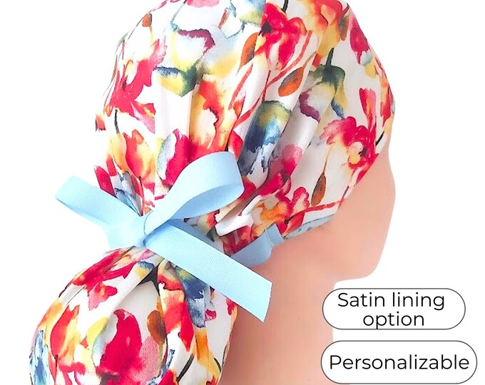 Satin Lined option Ponytail Scrub Cap for Women - Floral Surgical Cap with ribbon - FifthCraftyStreet