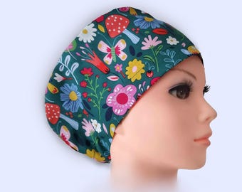 Euro Scrub Cap - Adjustable - Satin Buttons Lined option - Green Garden, Mushroom