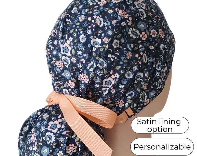 Twilight Petals - Ponytail Scrub Cap for Women - Surgical Cap Satin Lined Option -