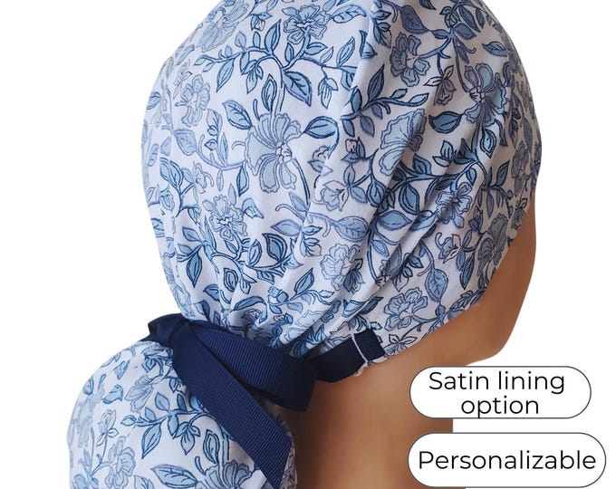 Blue Floral Ponytail Scrub Cap Satin Lined Surgical Hat for Women