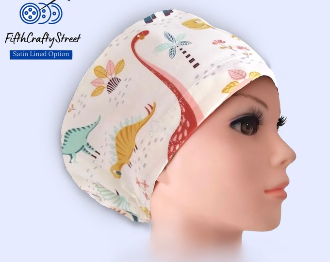 Euro Scrub Caps - Satin Lined option - Adjustable - Dinosaurs on Cream - FifthCraftyStreet