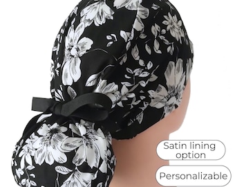 Floral Ponytail Scrub Cap: Cotton with Satin Lining option
