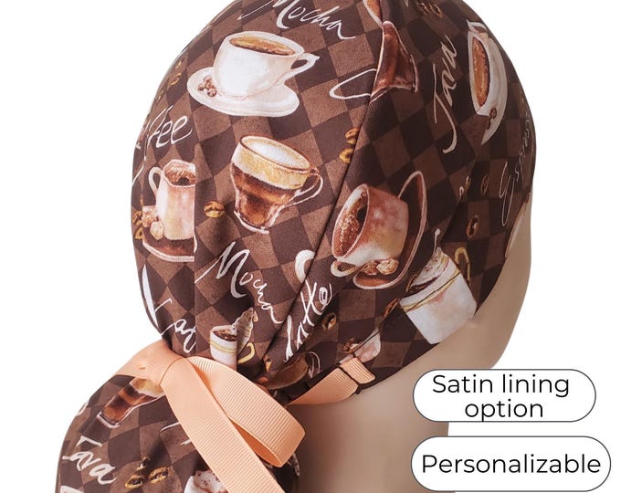 Coffee Lover Ponytail Scrub Cap for Women: Satin and Personalization Option