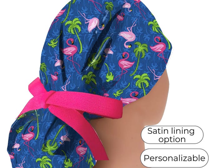 Flamingo Ponytail Scrub Cap for Women - Surgical Cap with Silky Satin Lining Option - FifthCraftyStreet