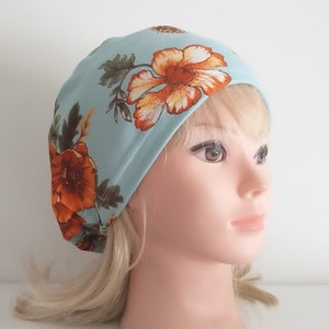 surgical euro cap, stretchy scrub cup, blue and orange flowers -